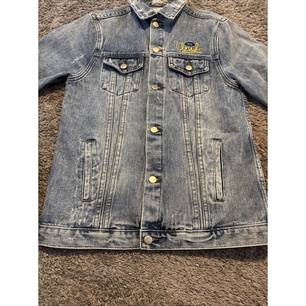 UNIF Outsider Denim Jacket Distressed Rose F*ck Embroidered Size S Small - Picture 2 of 12
